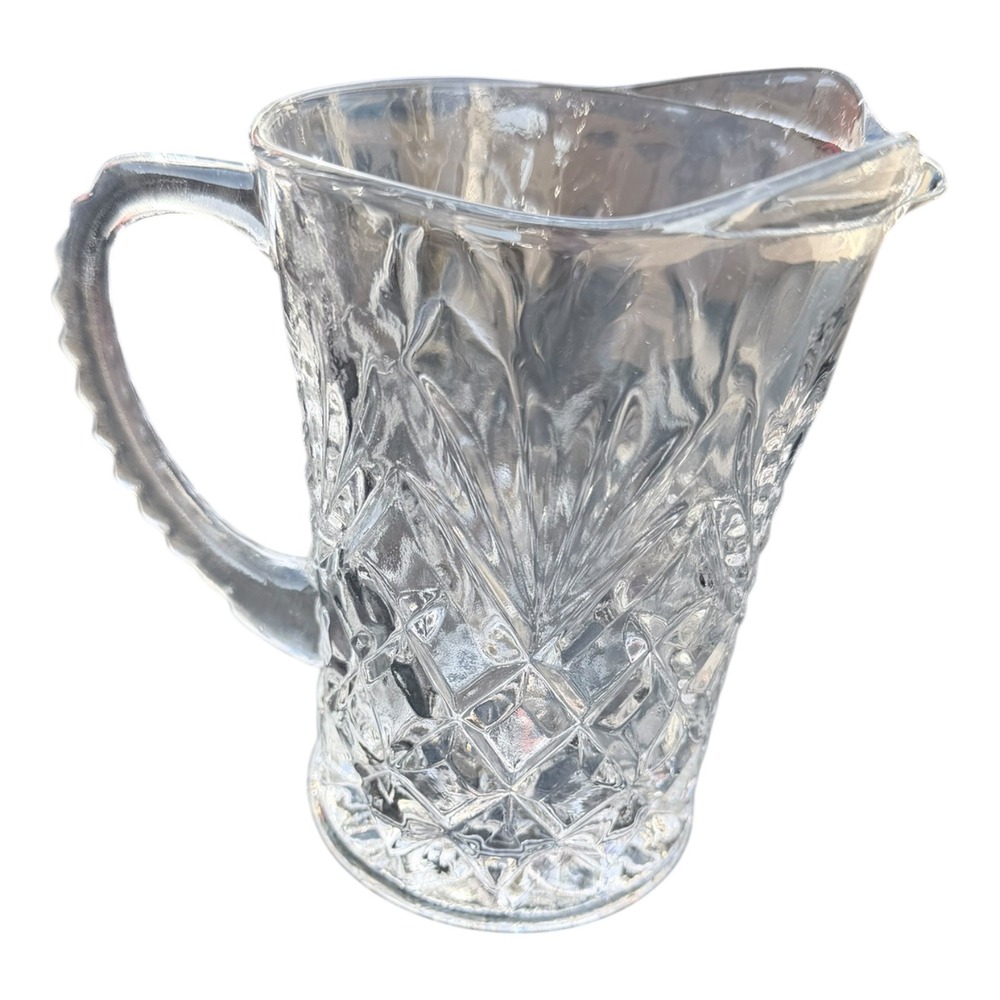 Vintage Crystal Glass Pitcher Clear Cut Diamond Star Pattern Heavy Small Creamer